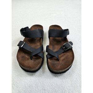 Mountain Sole Womens Leather Sandals Size 6 Black Cross Strap Cork Sole